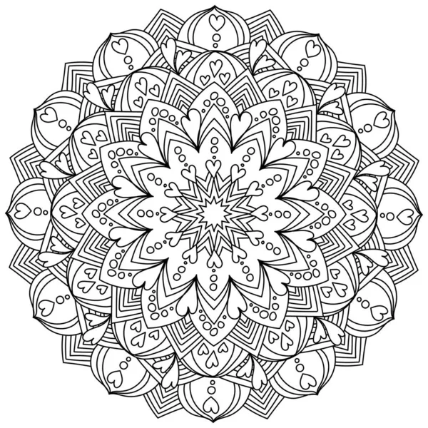 Mandala Con Corazones Círculos Patrones Ornamentados Página Para Colorear Meditativo — Archivo Imágenes Vectoriales
