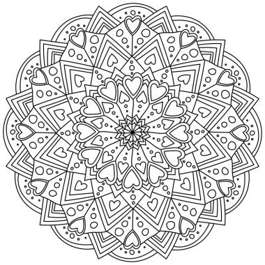 Kalpli, daireli ve süslü fantezi mandala, Sevgililer Günü vektör çizimi için meditasyon renk sayfası