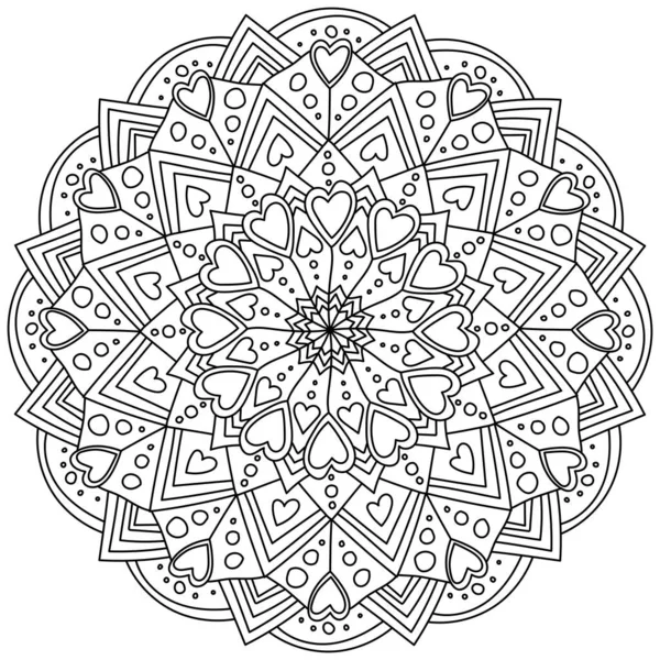 Mandala Fantasía Con Corazones Círculos Patrones Adornados Página Para Colorear — Archivo Imágenes Vectoriales