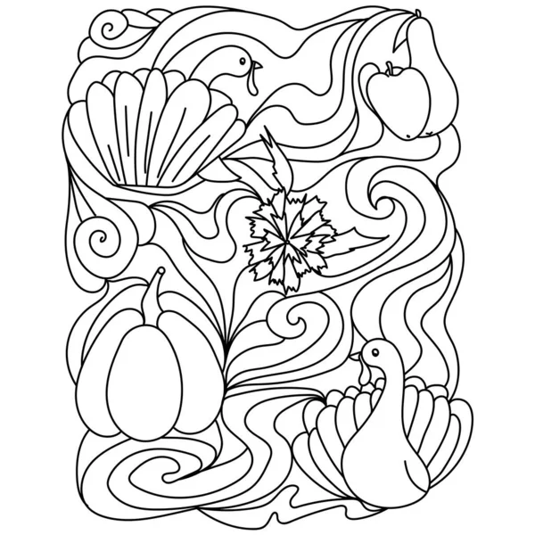 Thanksgiving Malseite Zwei Truthähne Kürbis Und Chrysanthemen Mit Kunstvollen Mustern — Stockvektor