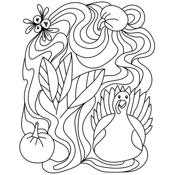 Święto Dziękczynienia Kolorowanki Indyk Żurawina Dynie Ozdobnych Wzorów Wektor Ilustracji — Wektor stockowy