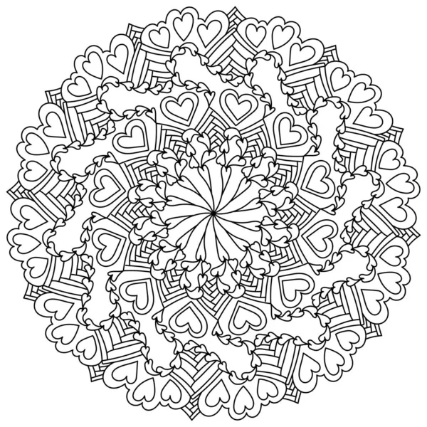 Mandala Con Corazones Patrones Adornados Página Para Colorear Meditativo Para — Vector de stock