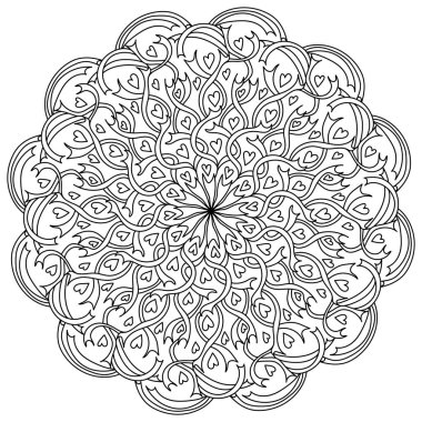 Kalpli, kurdeleli ve süslü desenli mandala, Sevgililer Günü çizimi için meditasyon renk sayfası