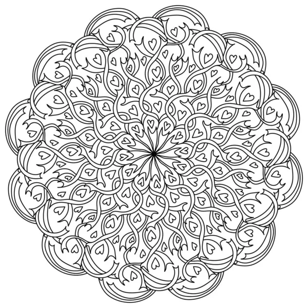 Mandala Con Corazones Cintas Patrones Adornados Página Para Colorear Meditativo — Archivo Imágenes Vectoriales