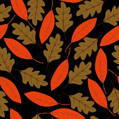 Sonbahar yaprakları pürüzsüz desen, koyu arkaplan vektörü çiziminde renkli yapraklar