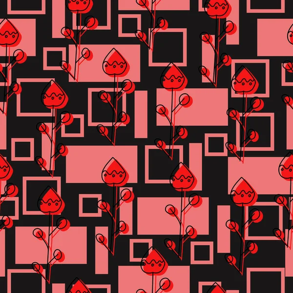 Цветы Красным Силуэтом Квадратами Прямоугольниками Темно Сером Фоне — стоковый вектор