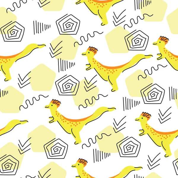 Симпатичный Рисунок Динозаврами Линейными Каракулями Мультяшные Животные Желтом Белом Фоне — стоковый вектор