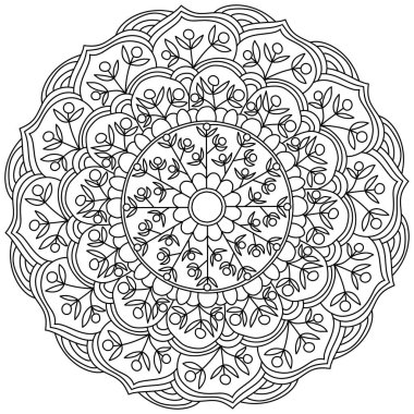 Böğürtlen ve yapraklar ve dalgalı bukleler ile Contour mandala, bitki motifleri vektör çizimi ile bir daire şeklinde boyama sayfası