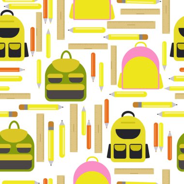 Beyaz arkaplan çizimi üzerinde sarı gölgeli okul çantalarının, cetvellerin ve kalemlerin kusursuz deseni