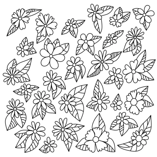 デザインや着色本のベクトルイラストのための縞模様の葉を持つ異なるアウトラインのドアの花のセット — ストックベクタ