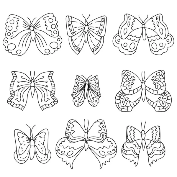 Ensemble Neuf Papillons Fantaisie Contour Page Colorier Pour Les Tout — Image vectorielle