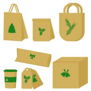 Paketler, çantalar, etiketler, kutular ve bir bardak içki, tatil sembollerinin yeşil siluetleri, vektör çizimlerinde Noel için eko tarzı yiyecek veya alışveriş seti, kahverengi kağıt veya mukavva