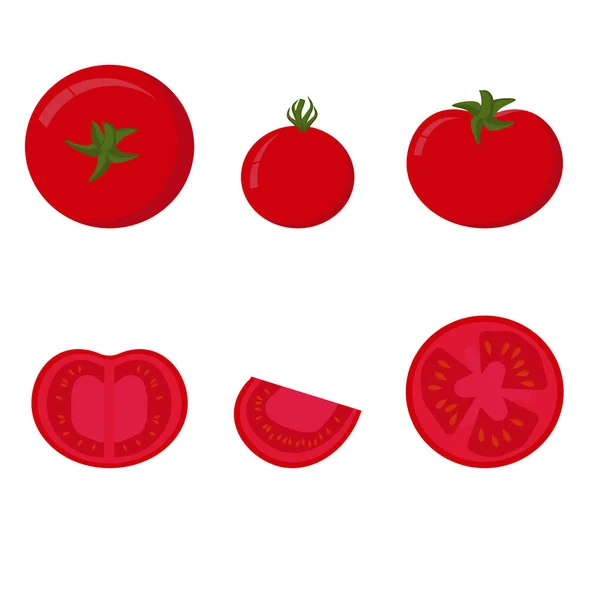 Set Rote Tomaten Vollgemüse Und Die Hälfte Tomatenscheiben Mit Samen — Stockvektor