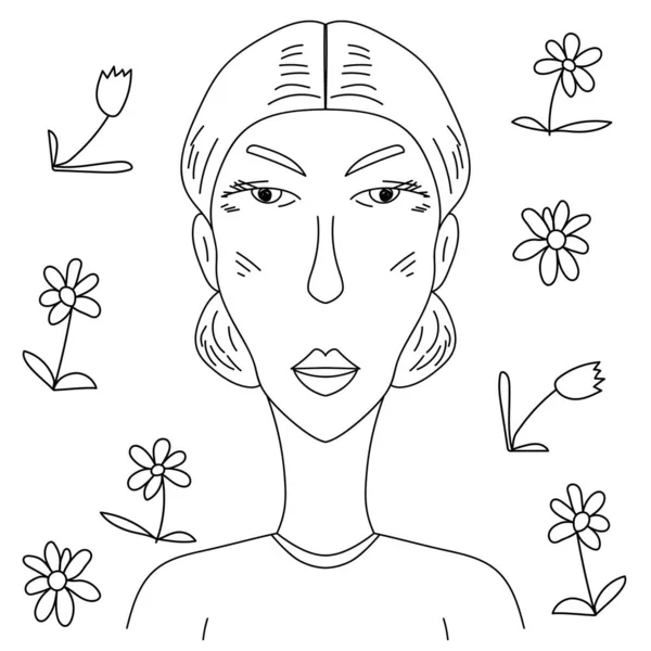 Strict Elderly Woman Hair Gathered Back Outline Portrait Lady Doodle — Stock Vector