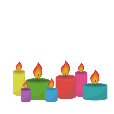 Çok renkli mum seti, geniş mumlu ateş, gelenek, romantizm ya da törensel vektör çizimi için sembolik alev.