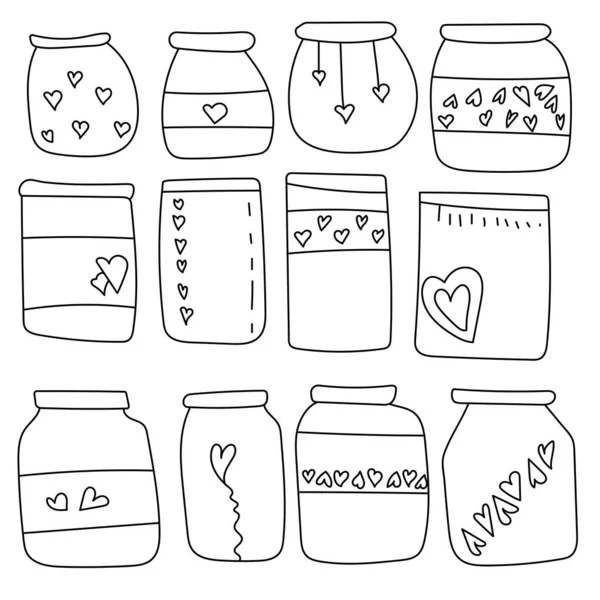 一套有爱心的涂鸦罐 带有爱心和积极意义的可爱容器 描述情感矢量的容器 — 图库矢量图片