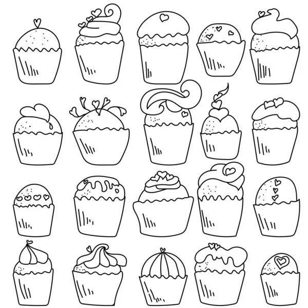 Set Von Doodle Cupcakes Mit Herzdekor Kontur Cupcake Zum Valentinstag — Stockvektor