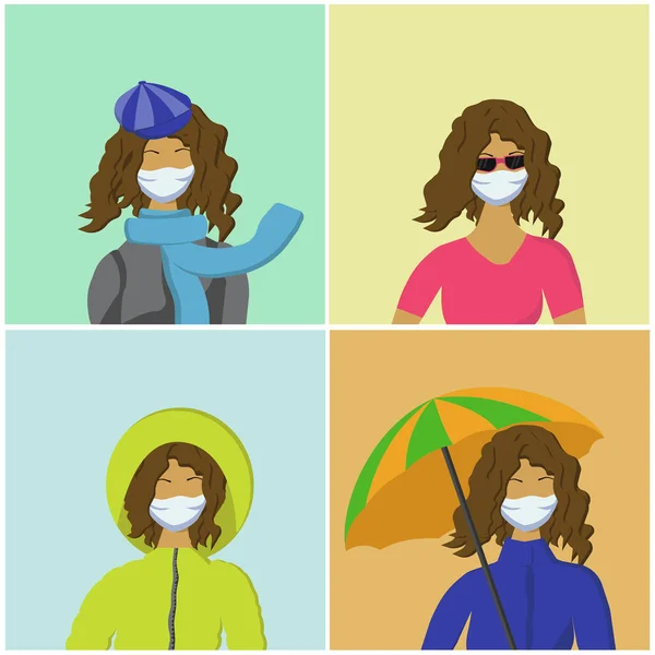 Las Niñas Máscaras Médicas Protectoras Una Nueva Realidad Cuatro Temporadas — Archivo Imágenes Vectoriales