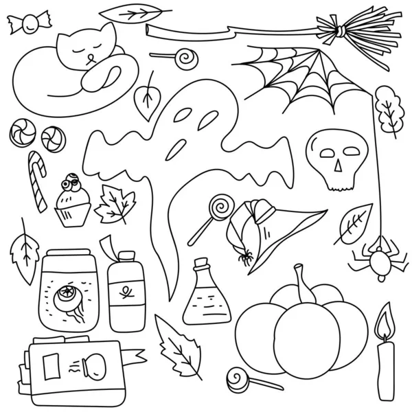 Set Von Umrissen Doodles Halloween Symbolische Festliche Gegenstände Und Zeichen — Stockvektor