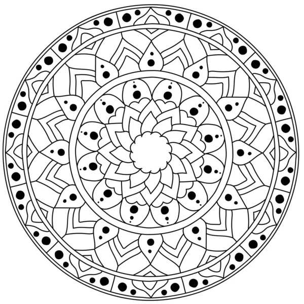 Zarys Mandali Symetrycznych Wzorów Kwiat Kolorowanki Kropkami Loki Wektor Ilustracji — Wektor stockowy