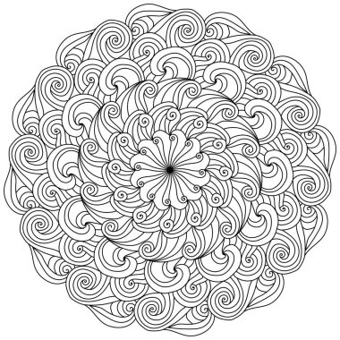 Simetrik çiçek şeklinde meditasyon mandala, spiral kıvrımlı vektör çizimi ile renklendirme sayfası