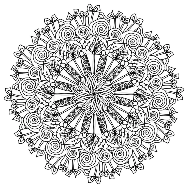 Mandala Contour Noël Coloriage Vacances Avec Des Attributs Noël Illustration — Image vectorielle