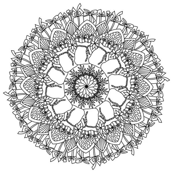 Mandala Contour Noël Coloriage Vacances Avec Sac Cadeaux Attributs Noël — Image vectorielle