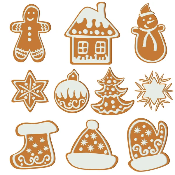 Conjunto Galletas Jengibre Diversas Formas Tamaños Pasteles Navidad Con Patrones — Archivo Imágenes Vectoriales