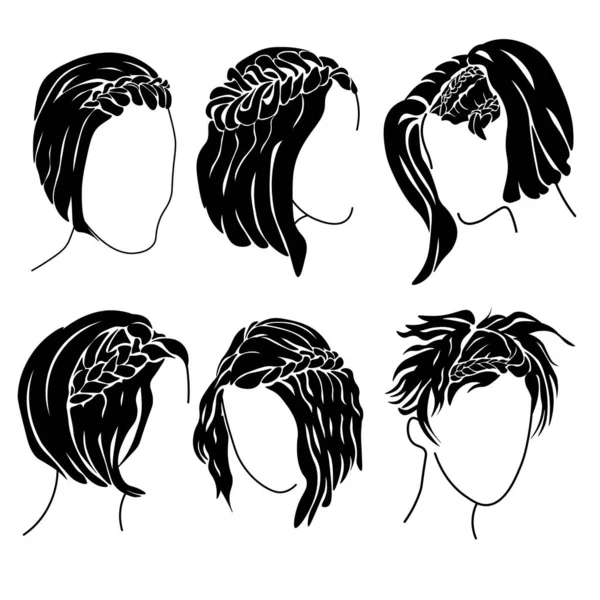 Ensemble Silhouettes Tresses Sur Cheveux Courts Coiffures Élégantes Avec Boucles — Image vectorielle