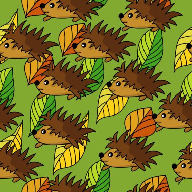 Şirin kirpilerin ve renkli yaprakların kusursuz deseni, parlak sonbahar yaprakları ve yeşil arka plan çiziminde dikenli hayvanlar.