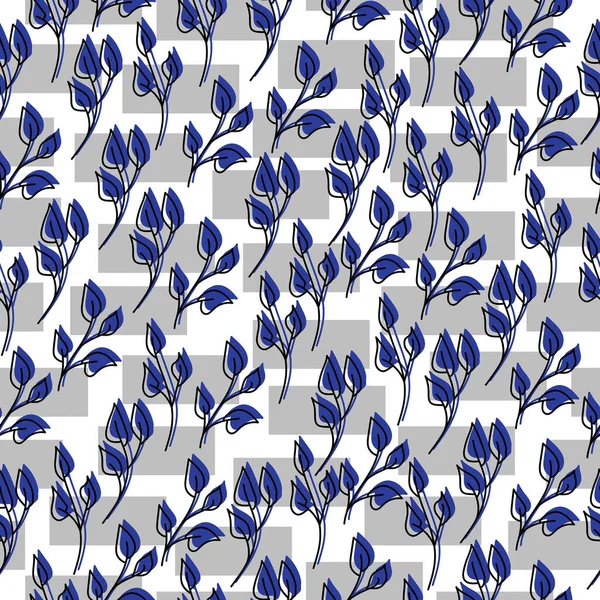 Modèle Sans Couture Feuilles Gribouillis Ornées Rectangles Bleus Gris Sur — Image vectorielle