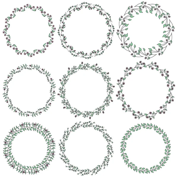 Dal ve çiçeklerle süslenmiş yuvarlak çerçeveler, tasarım vektörü illüstrasyonu için narin çelenkler şeklinde karalama bitkileri
