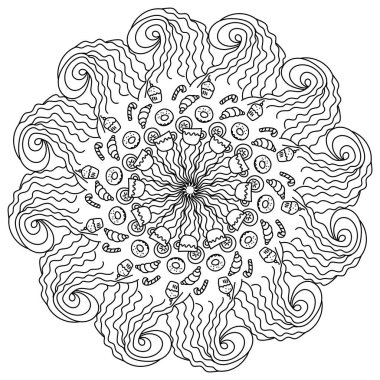 İçki ve tatlı hamur işleriyle strese karşı mandala, zen dalgaları ve desenleri olan renk çizelgesi, vektör illüstrasyonu.
