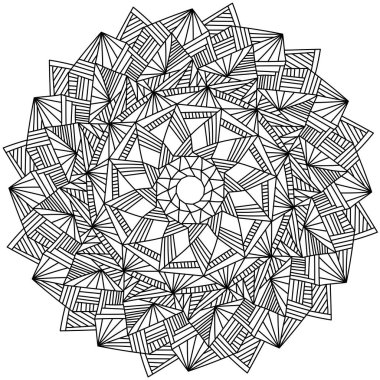 Yetişkinler için stres önleyici boyama kitabı sayfası, simetrik çizgileri ve üçgenleri olan zen mandala, desenleri olan karalama çerçevesi vektör çizimi
