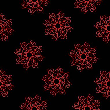 Siyah arkaplanda kırmızı mandalaların kusursuz deseni, tasarım vektörü çizimi için soyut yuvarlak kıvrımlar