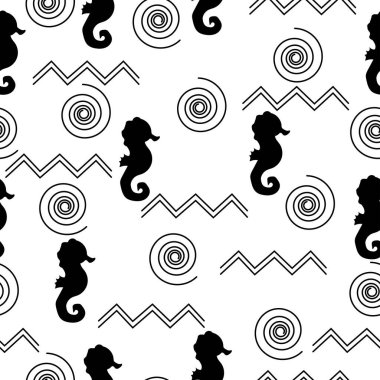 Bir deniz atının silueti, dalgalar ve kıvrımlar pürüzsüz desen, beyaz arkaplan vektör illüstrasyonundaki basit detaylardan deniz teması