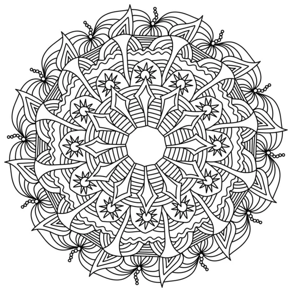 Mandala Contour Avec Douze Rayons Motifs Zen Boucles Fantaisie Flocon — Image vectorielle