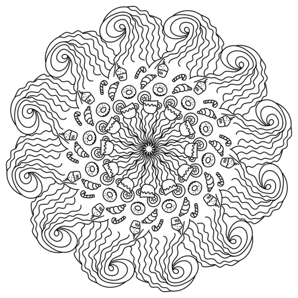 Mandala Stress Avec Boisson Pâtisseries Sucrées Coloriage Contour Avec Ondes — Image vectorielle