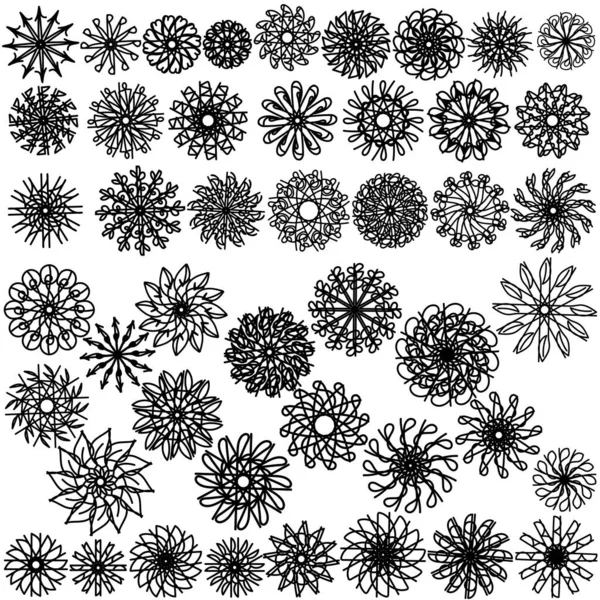 Basit doğrusal desenlere ve girdaplara sahip mini zen mandalalar seti, tasarım için karalama çiçek soyut motifleri vektör çizimi ile boyama sayfası