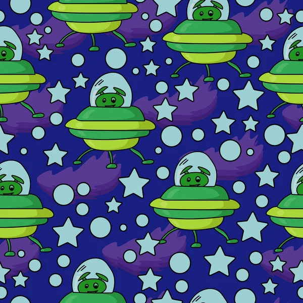 Funny green alien seamless pattern, UFO and stars on a dark blue background vector illustration
