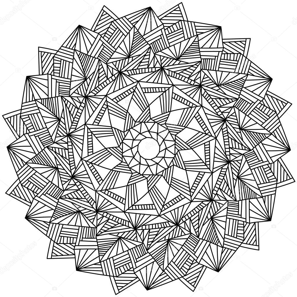 Antistress coloring book page for adults, contour zen mandala with symmetrical stripes and triangles, doodle frame with patterns vector illustration