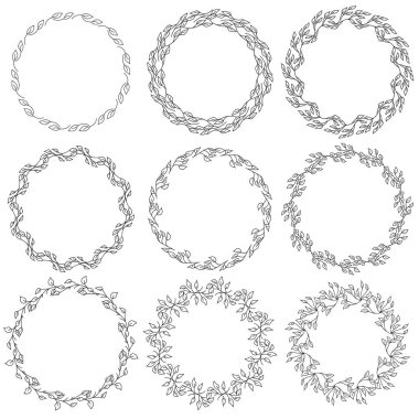 Karalama yapraklarından yuvarlak çerçeveler, tasarım vektörü illüstrasyonları için hassas taslak çelenkler