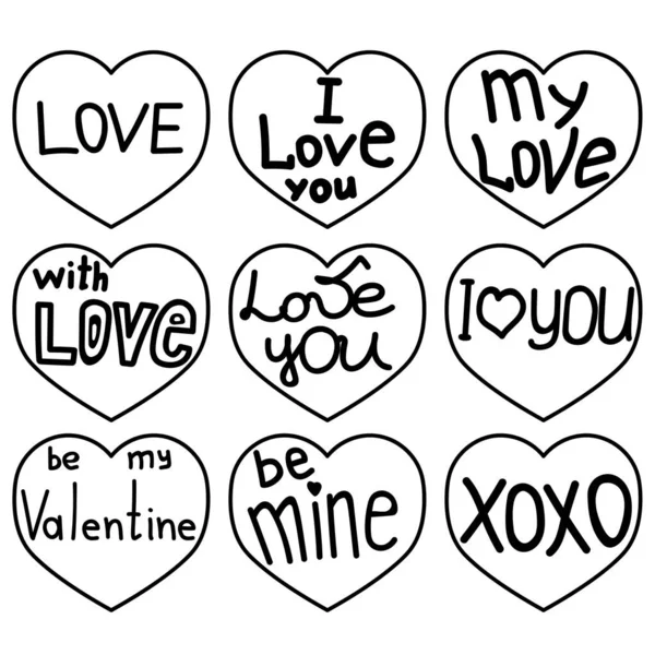 Set Cards Shape Heart Various Inscriptions Valentine Day Vector Illustration — Stok Vektör