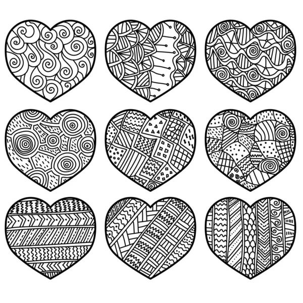 Set Outline Hearts Ornate Zen Patterns Abstract Valentines Creativity Vector — стоковый вектор