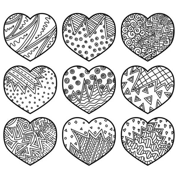 Set Outline Hearts Ornate Zen Patterns Abstract Valentines Symbolic Cracks — стоковый вектор