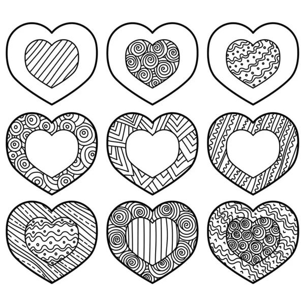 Outline Heart Set Ornate Zen Patterns Double Layered Valentines Day — стоковый вектор