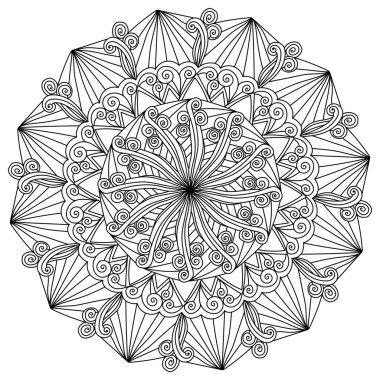 Abstract mandala with spirals and striped motifs, meditative coloring page with curled lines vector illustration