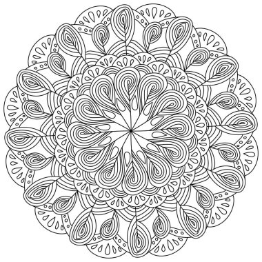 Ornate abstract mandala with swirls and simple motifs, meditative coloring page vector illustration