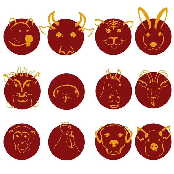 Chinese Horoscope Zodiac Signs Set Yellow Animal Silhouettes Red Circles — стоковый вектор