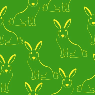 Rabbit stylized silhouette seamless pattern, yellow outline rabbit on a green background vector illustration